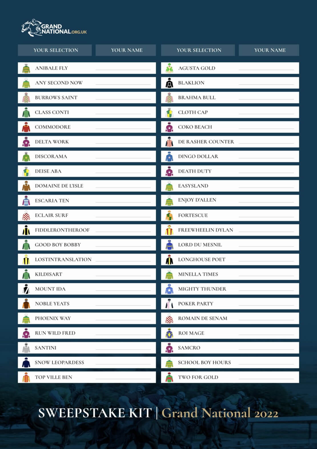 Grand National 2023 Sweepstake Kit Free PDF to print